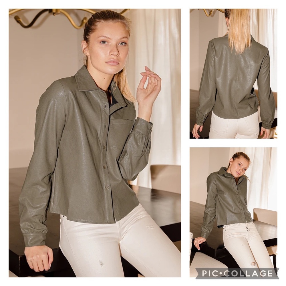 Lulu’s Bring It Olive Green Vegan Leather Button-Up Top